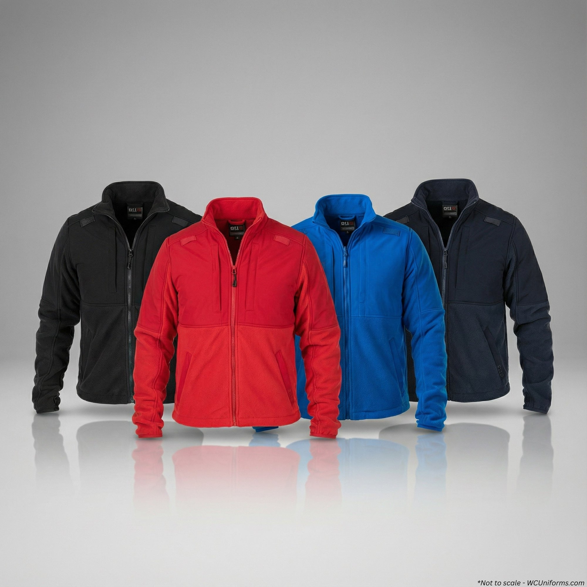 Four jackets in black, red, blue, and navy on a gray background