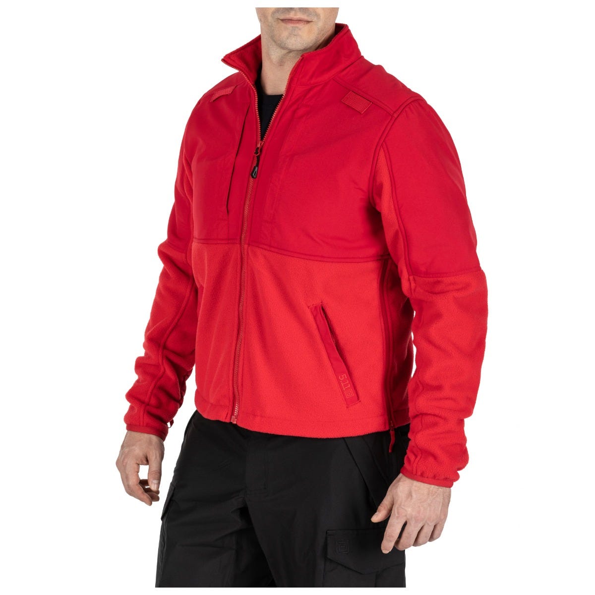 Red jacket worn by a person on a white background