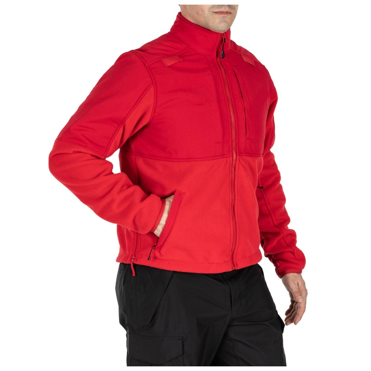 Red jacket worn by a person on a white background