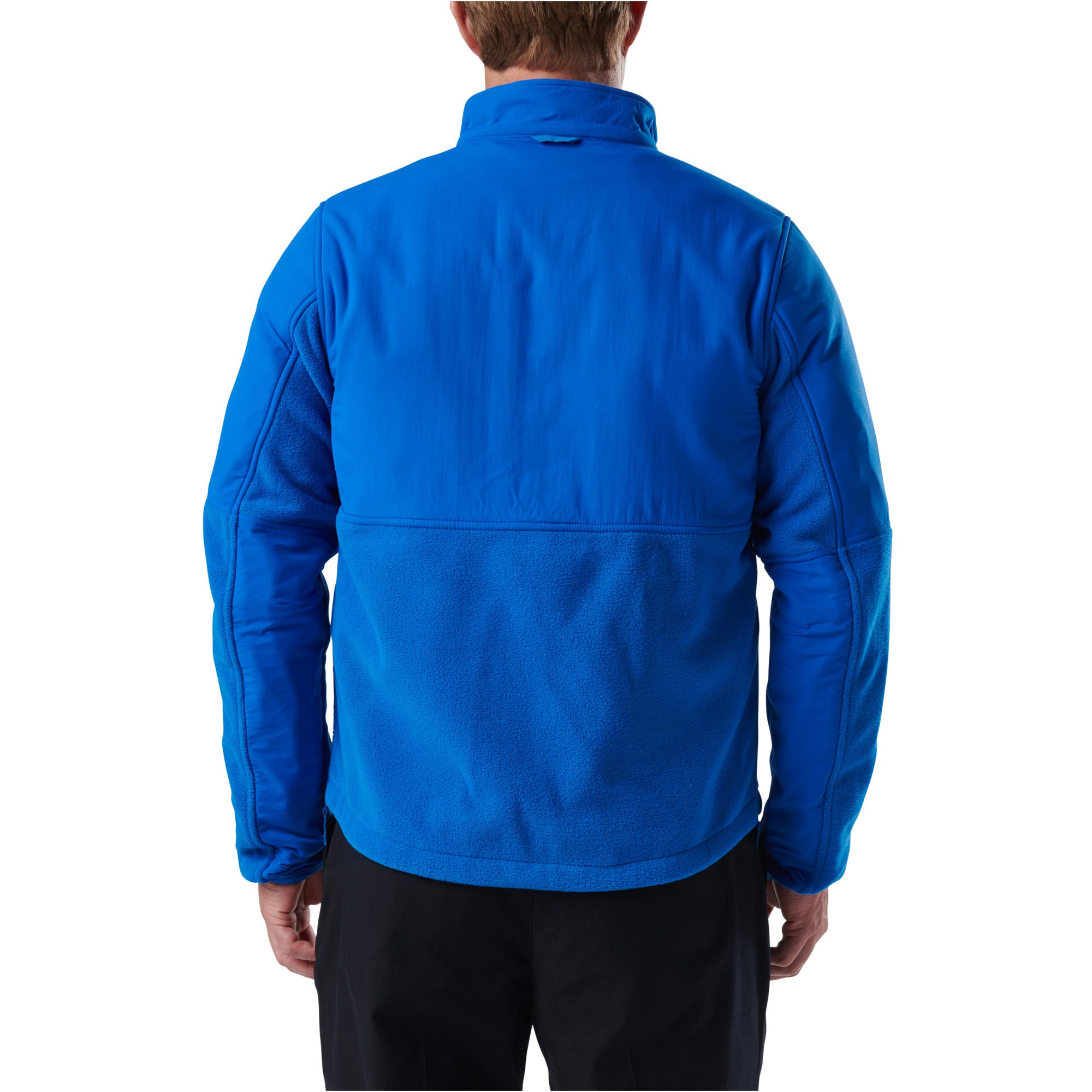 Blue jacket worn by a person on a white background