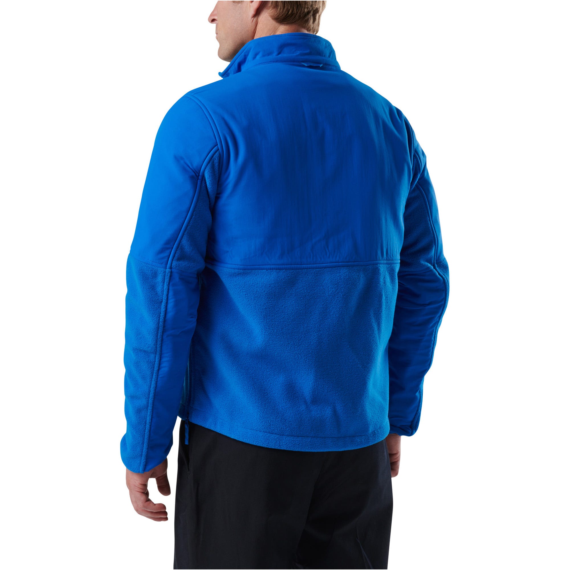 Person wearing a blue jacket on a white background