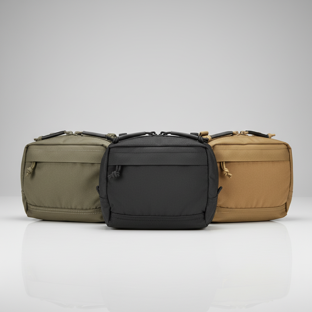 Three bags in green, black, and brown on a white background