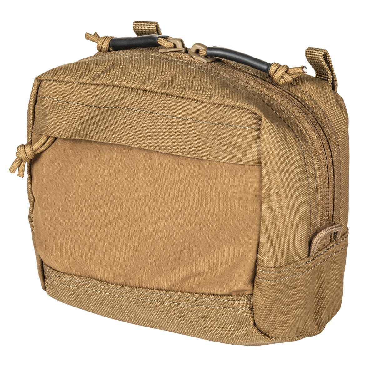 Tan tactical pouch with multiple zippers on a white background