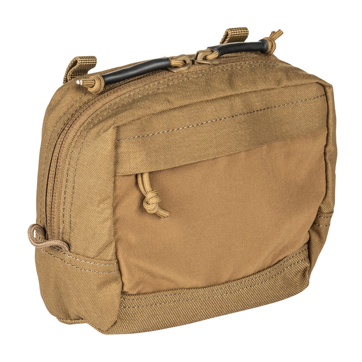 Tan tactical pouch with multiple zippers on a white background