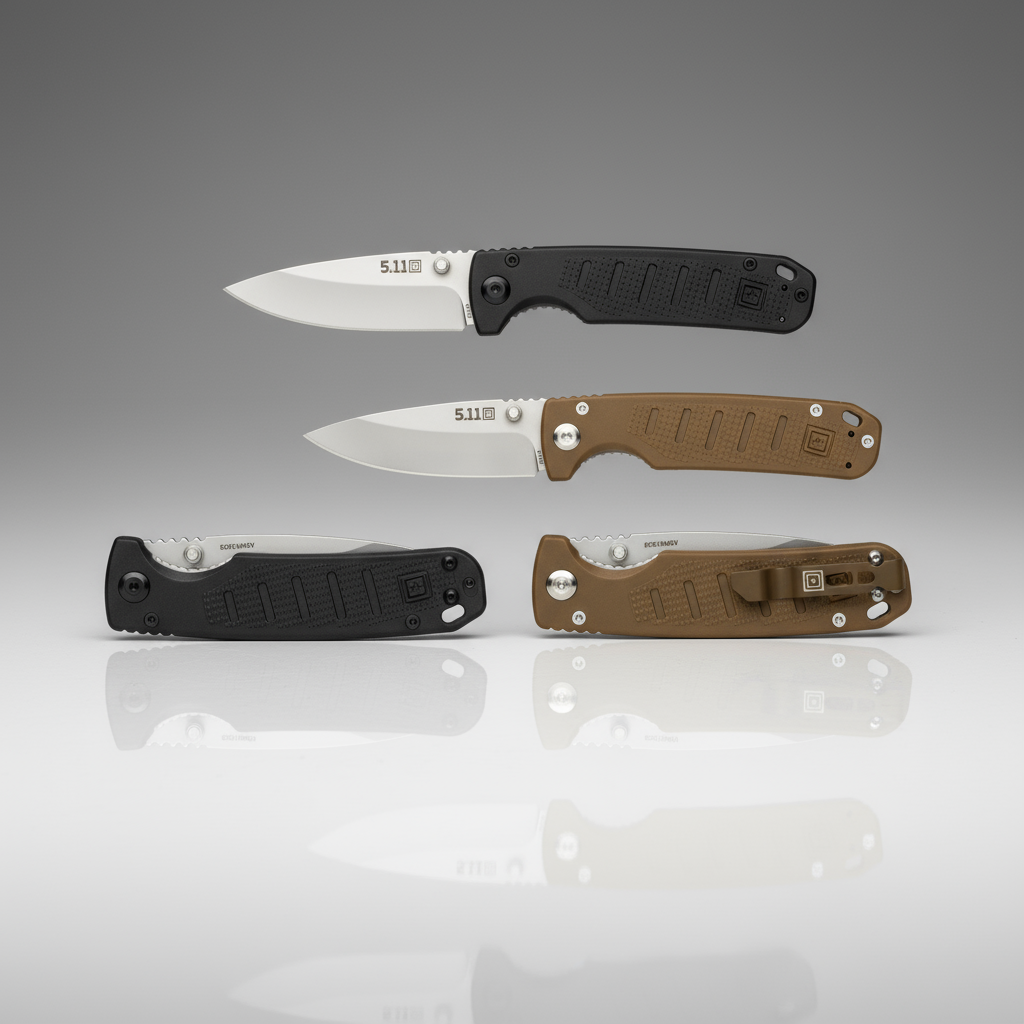 Three folding knives with black and brown handles on a reflective surface.