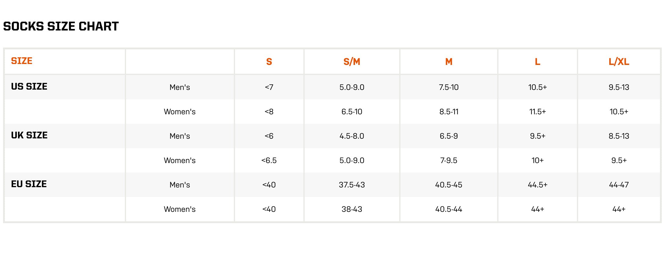 Socks size chart comparing US, UK, and EU sizes with color-coded ranges.