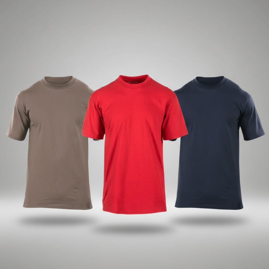 Three plain t-shirts in brown, red, and navy on a gray background