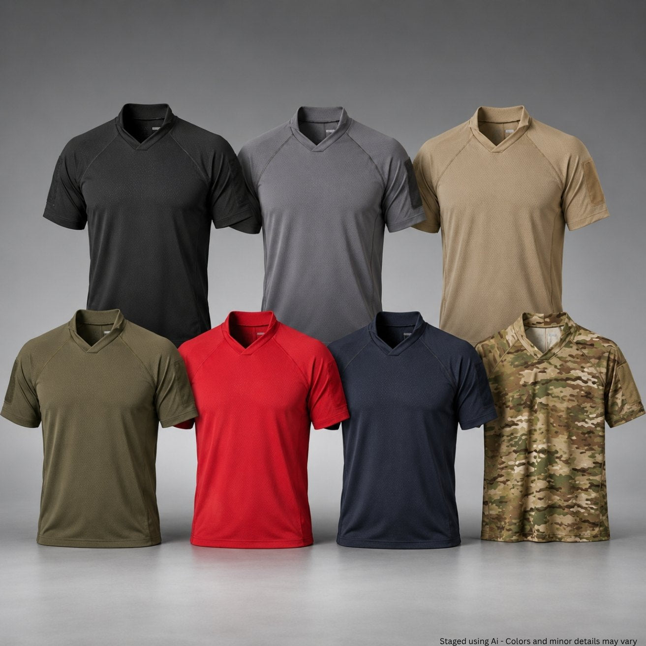 Collection of various t-shirts in different colors on a gray background
