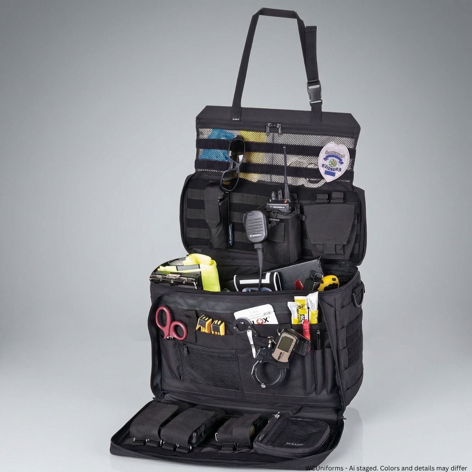 Black tactical bag with various tools and equipment on a gray background