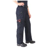 Person wearing navy blue work pants with a pocket featuring red scissors on a white background. 5.11 Tactical Women’s EMS Cargo Pants 64301 with cargo pockets