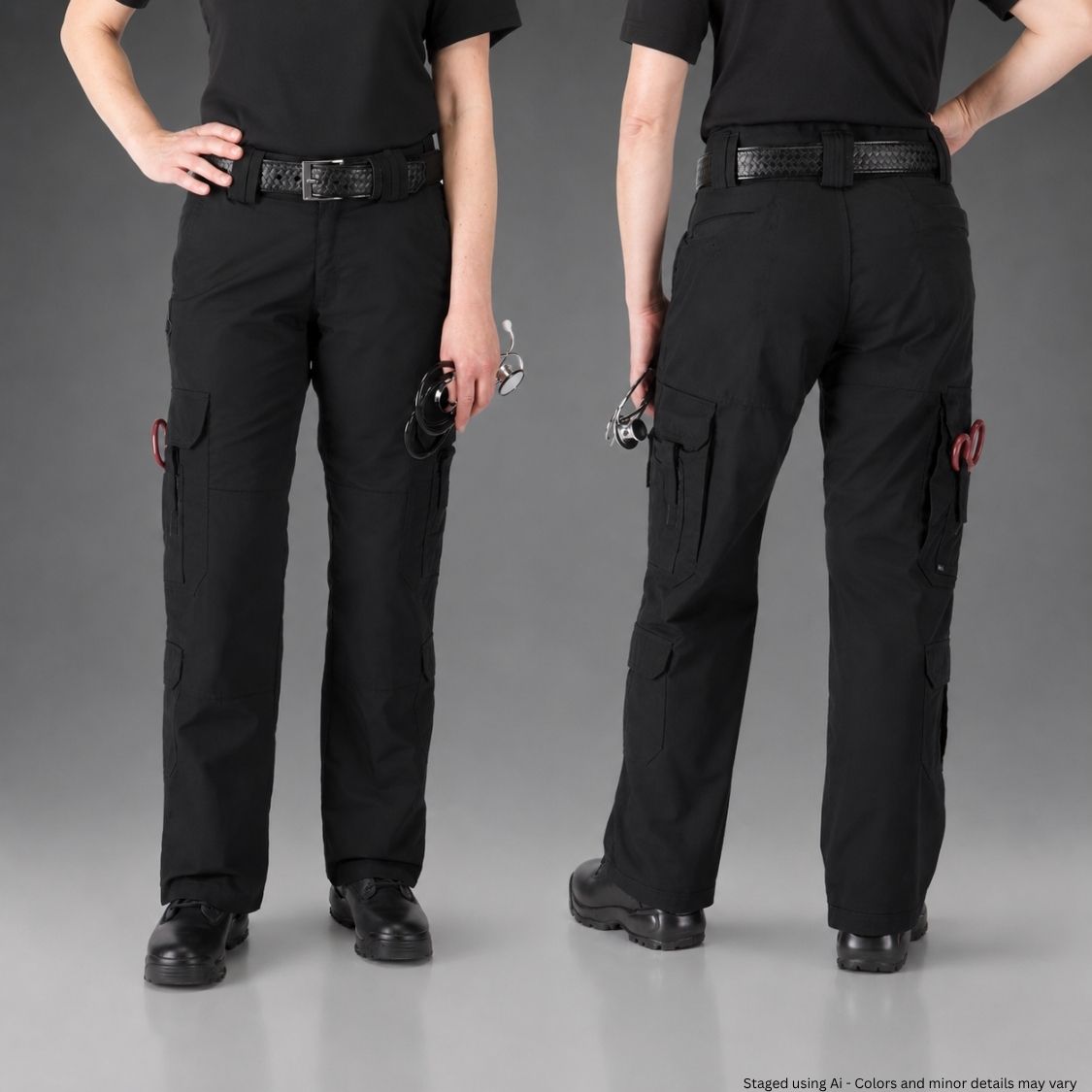 Black cargo pants worn by a person on a gray background