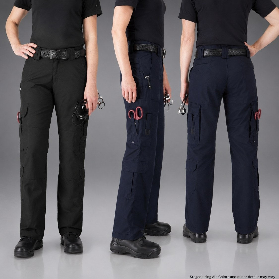Three pairs of black and navy cargo pants worn by a person on a gray background.