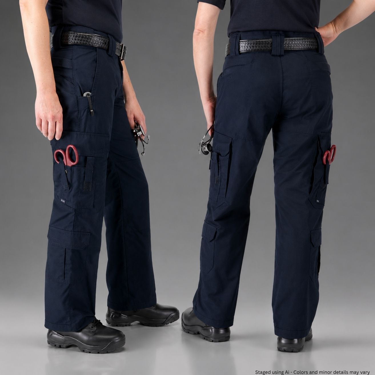 Navy blue tactical pants with various pockets and accessories on a gray background