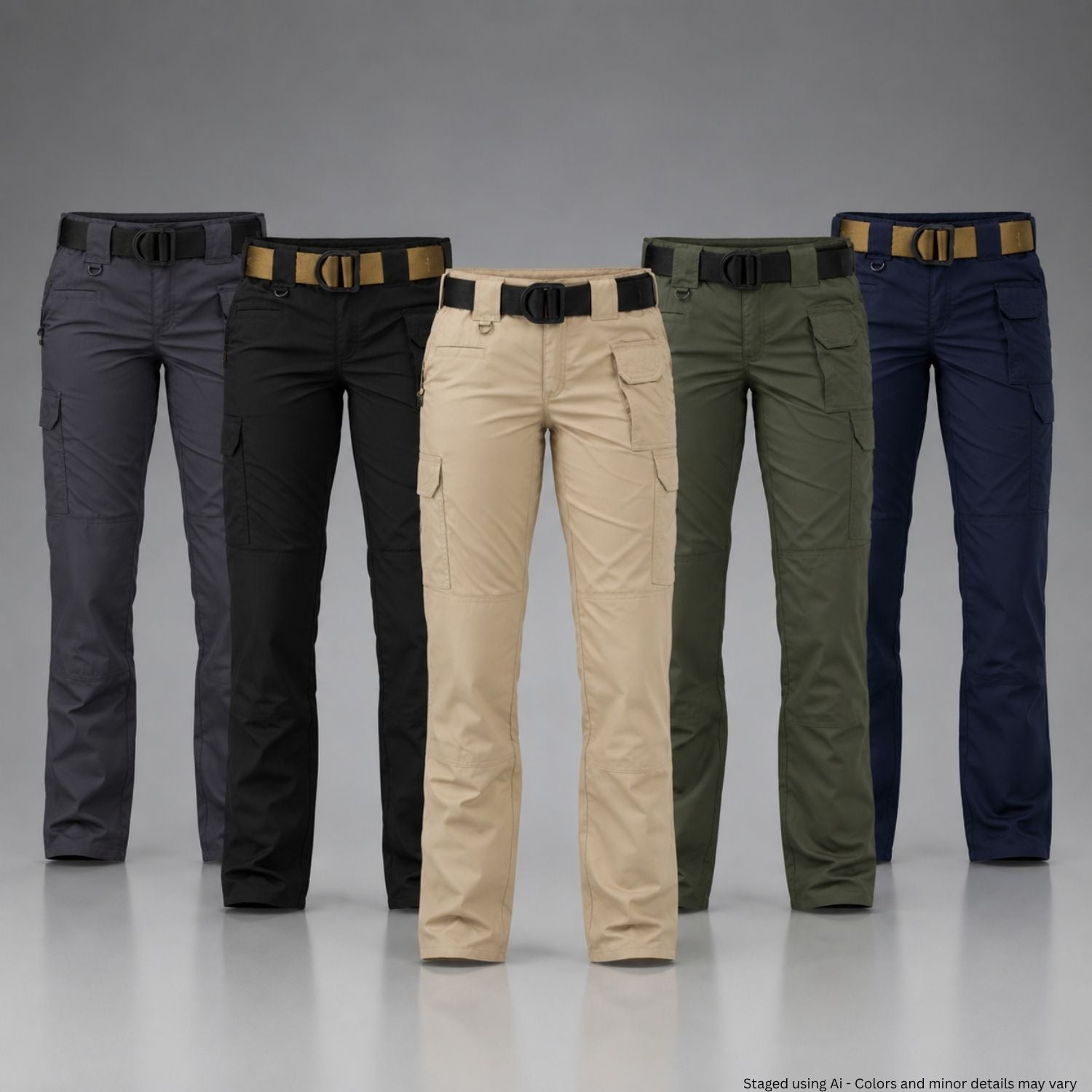 Five pairs of tactical pants in different colors on a gray background