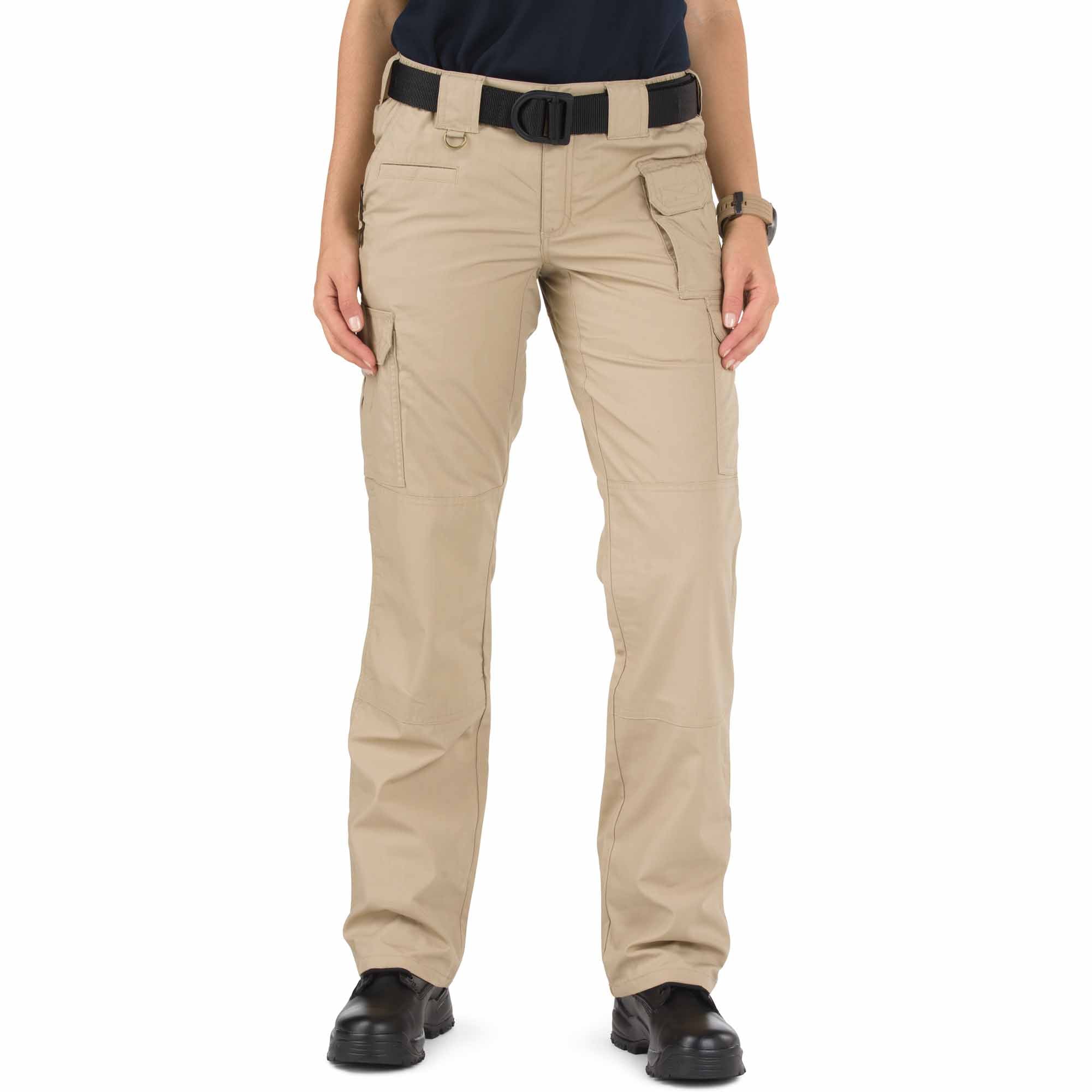 Person wearing beige pants with a black belt on a white background