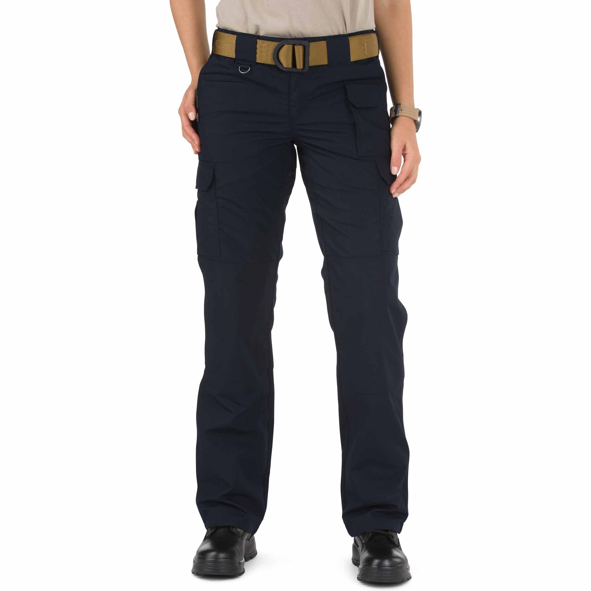 Navy blue pants with a brown belt on a white background