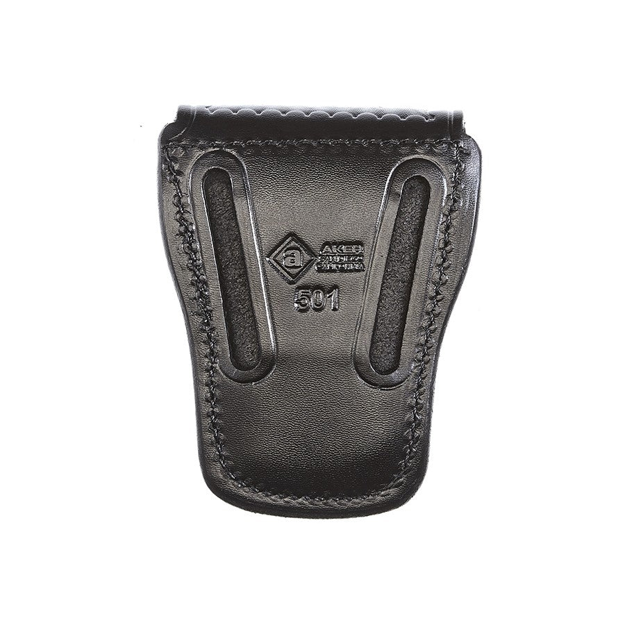 Black leather holster with brand logo on a white background