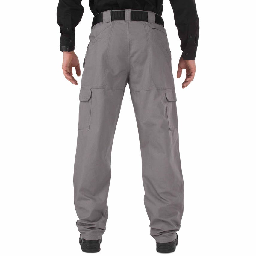 Rear view of 5.11 Tactical 100% Cotton Canvas Tactical Pants in gray, showcasing durable cargo style and utility pockets.