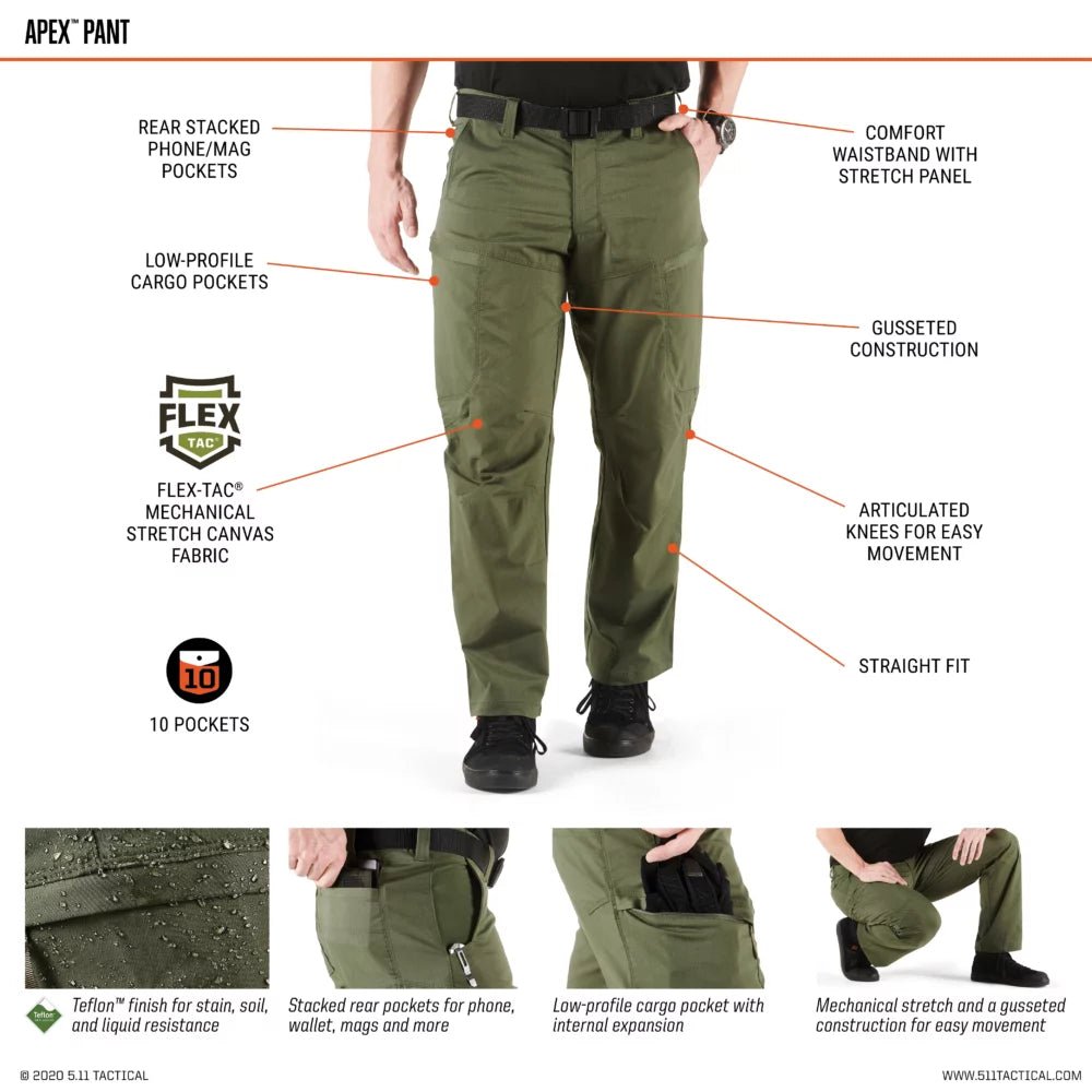 5.11 Tactical Apex Pant feature chart covering Flex-Tac stretch canvas, cargo pockets, and straight fit