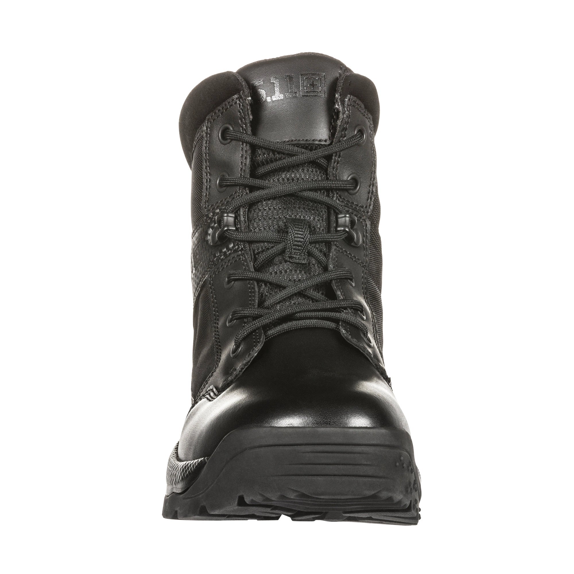 Black work boot with laces on a white background