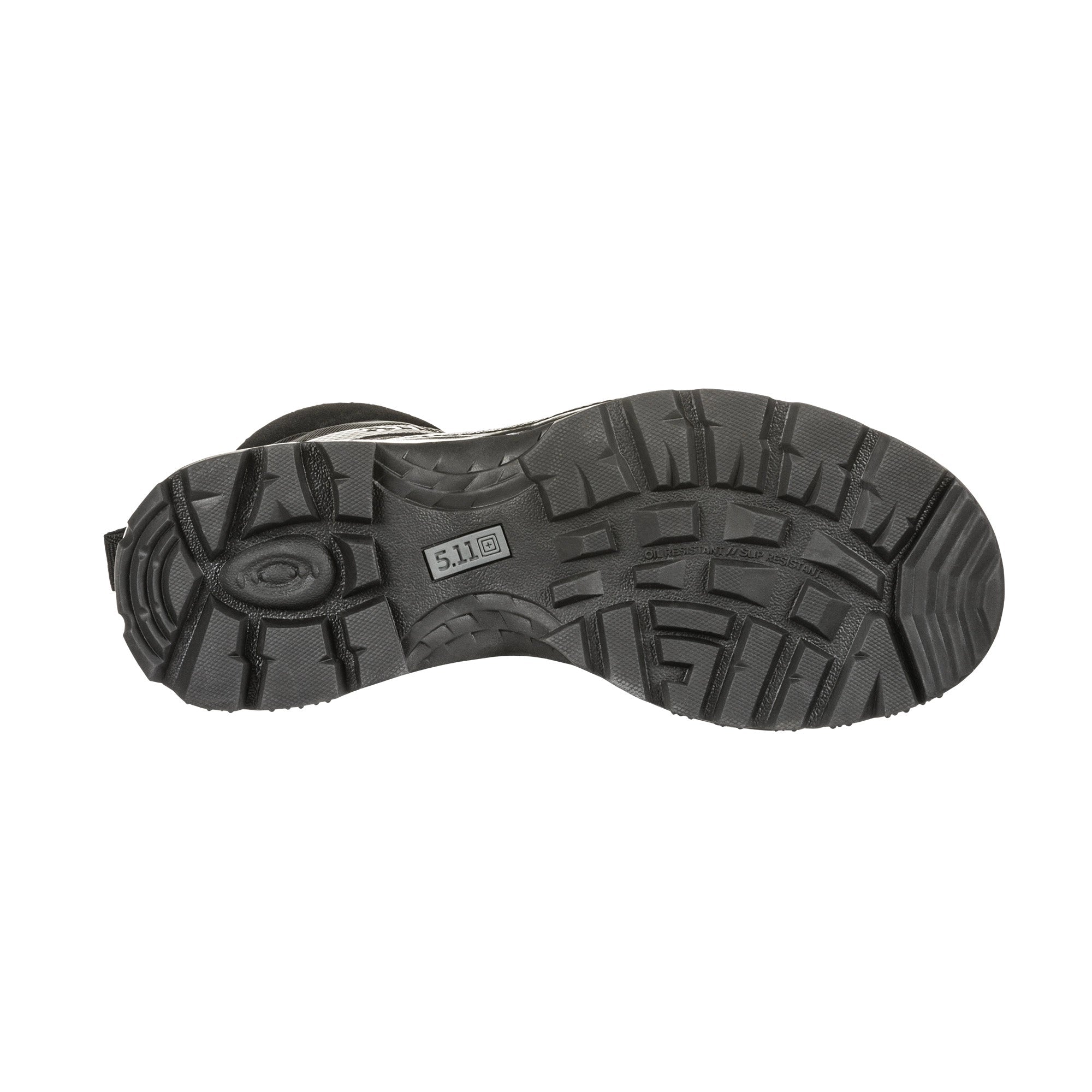 Black boot sole with a visible brand logo on a white background