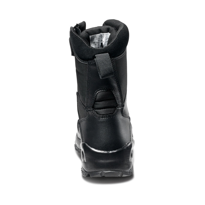 Black boot with a buckle on a white background