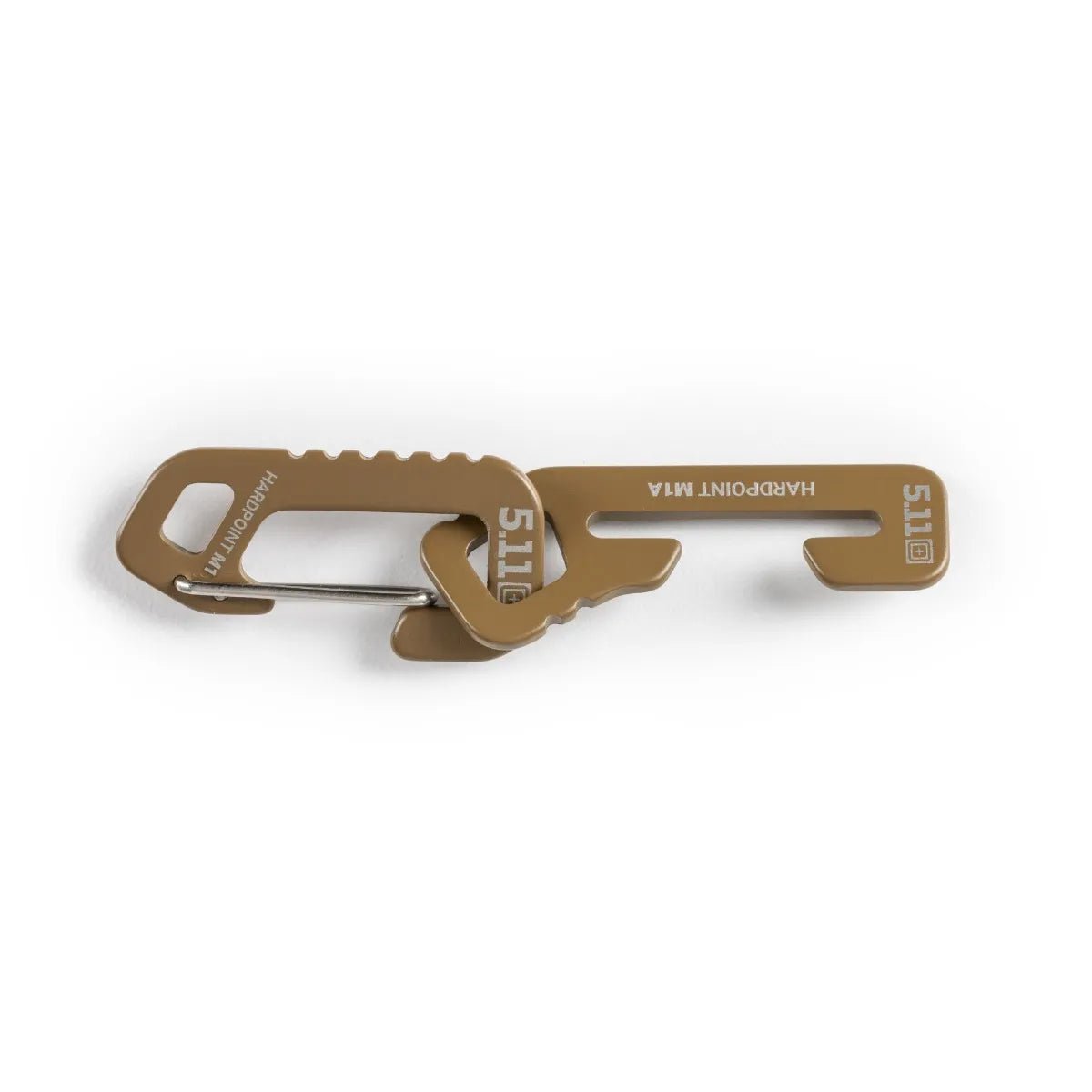 Carabiner keychain with carabiner and tool features on a white background