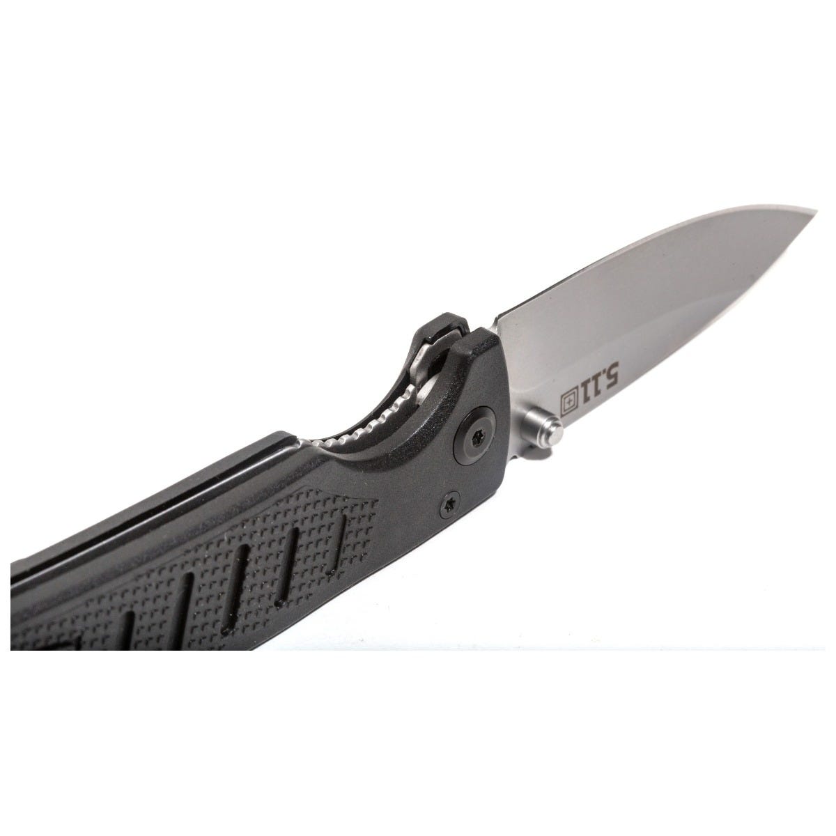 Folding knife with a black handle and silver blade on a white background