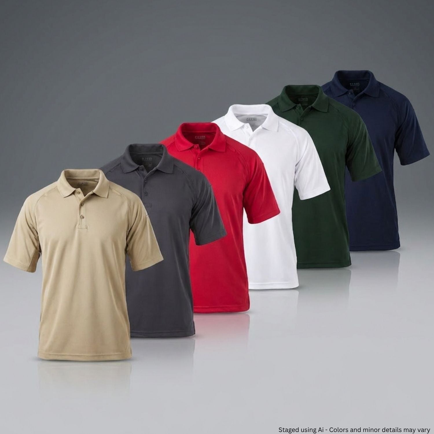 Collection of polo shirts in various colors on a gray background
