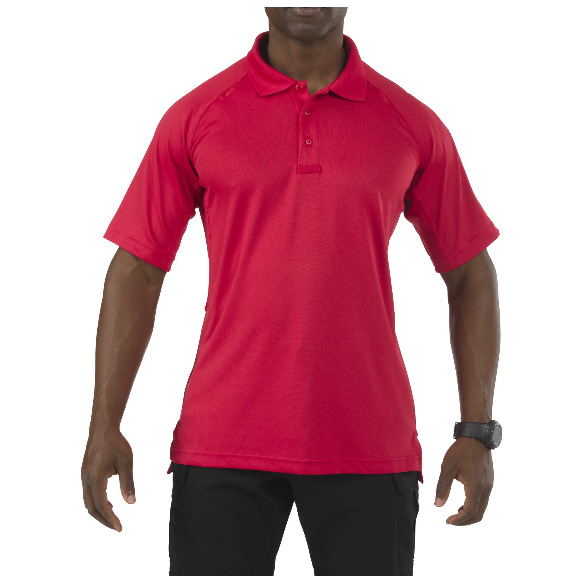 Red polo shirt worn by a person on a white background