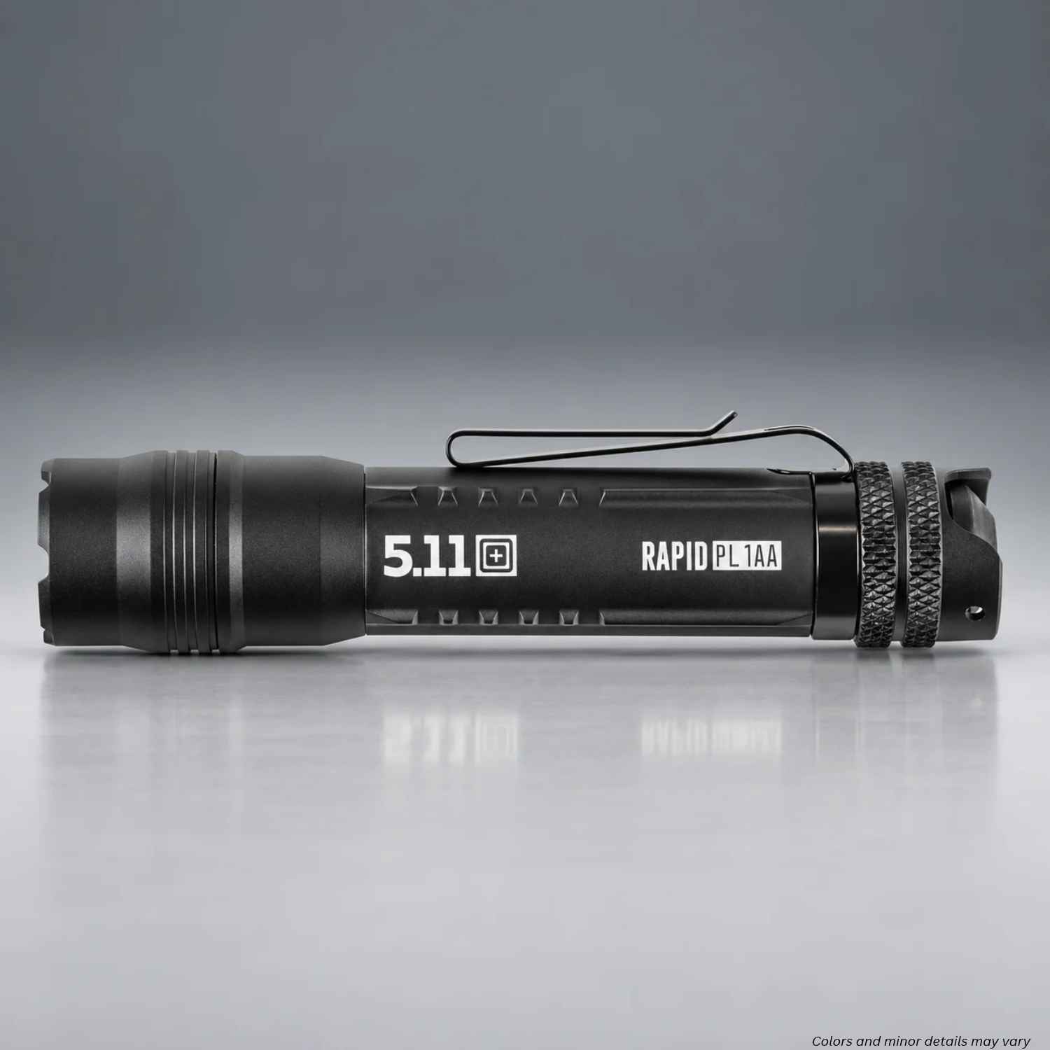 Side view of the 5.11 Rapid PL 1AA flashlight with knurled tailcap and bidirectional pocket clip