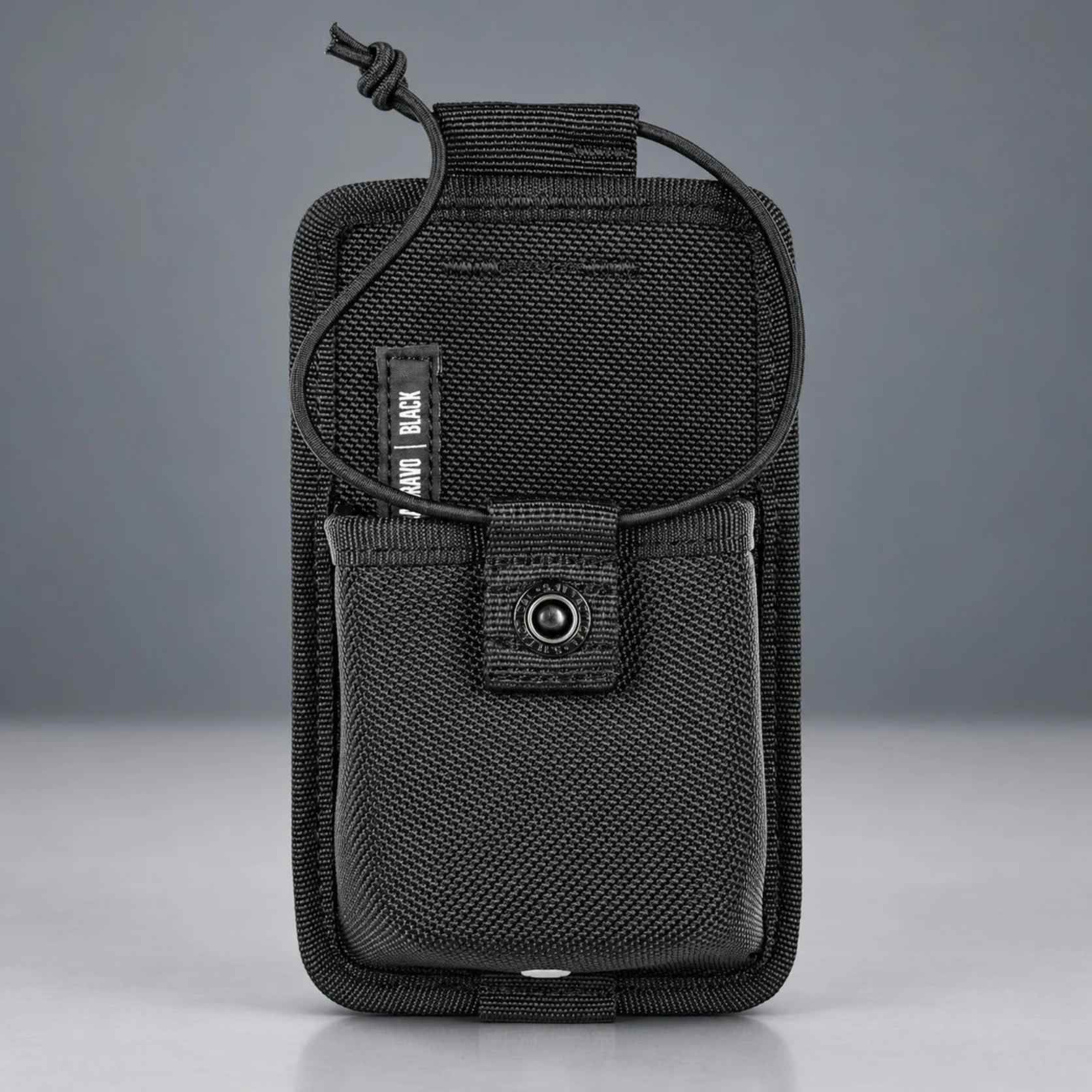 5.11 Tactical Sierra Bravo Radio Pouch 56247ABR-019-1 SZ in black, front view with bungee strap and snap
