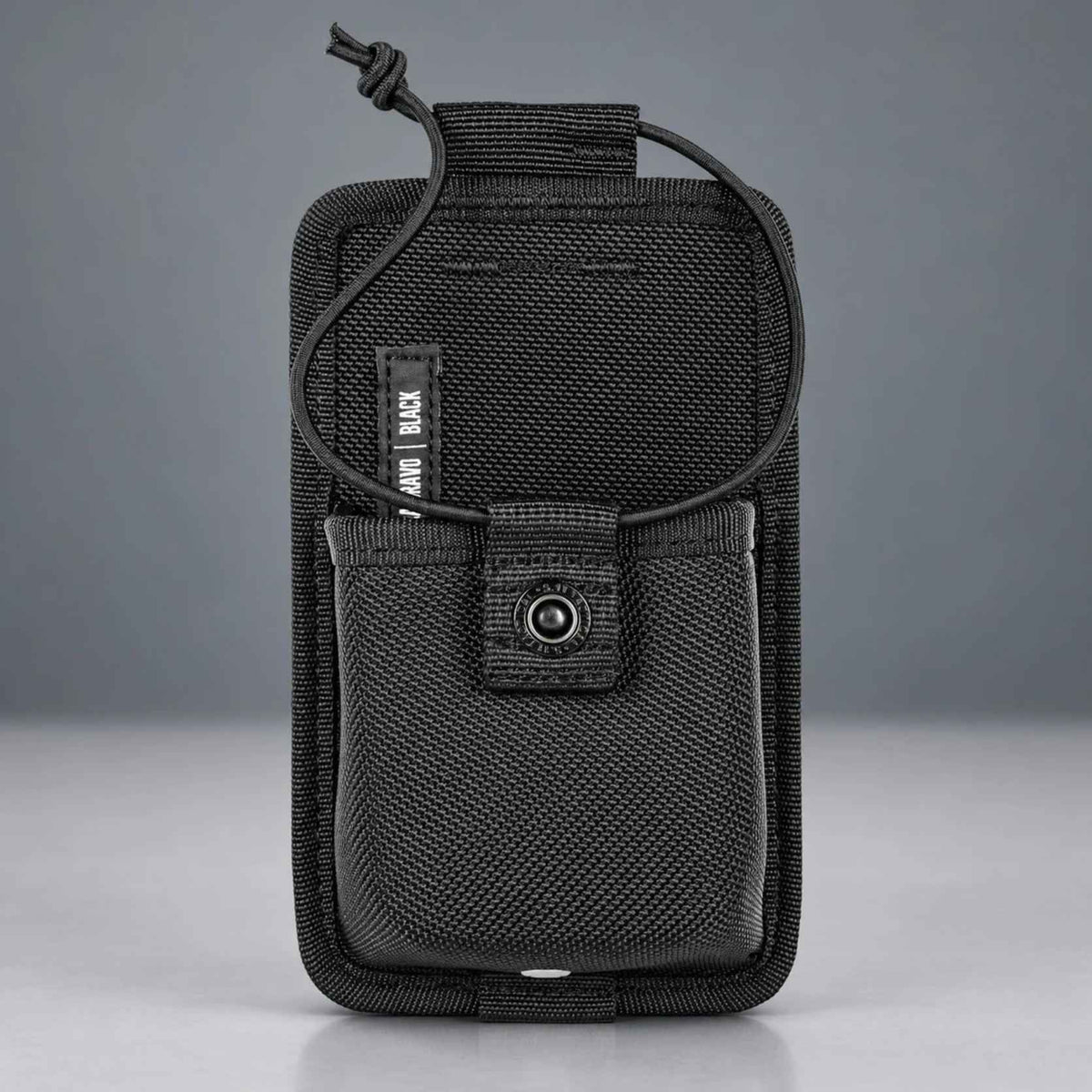 5.11 Tactical Sierra Bravo Radio Pouch 56247ABR-019-1 SZ in black, front view with bungee strap and snap