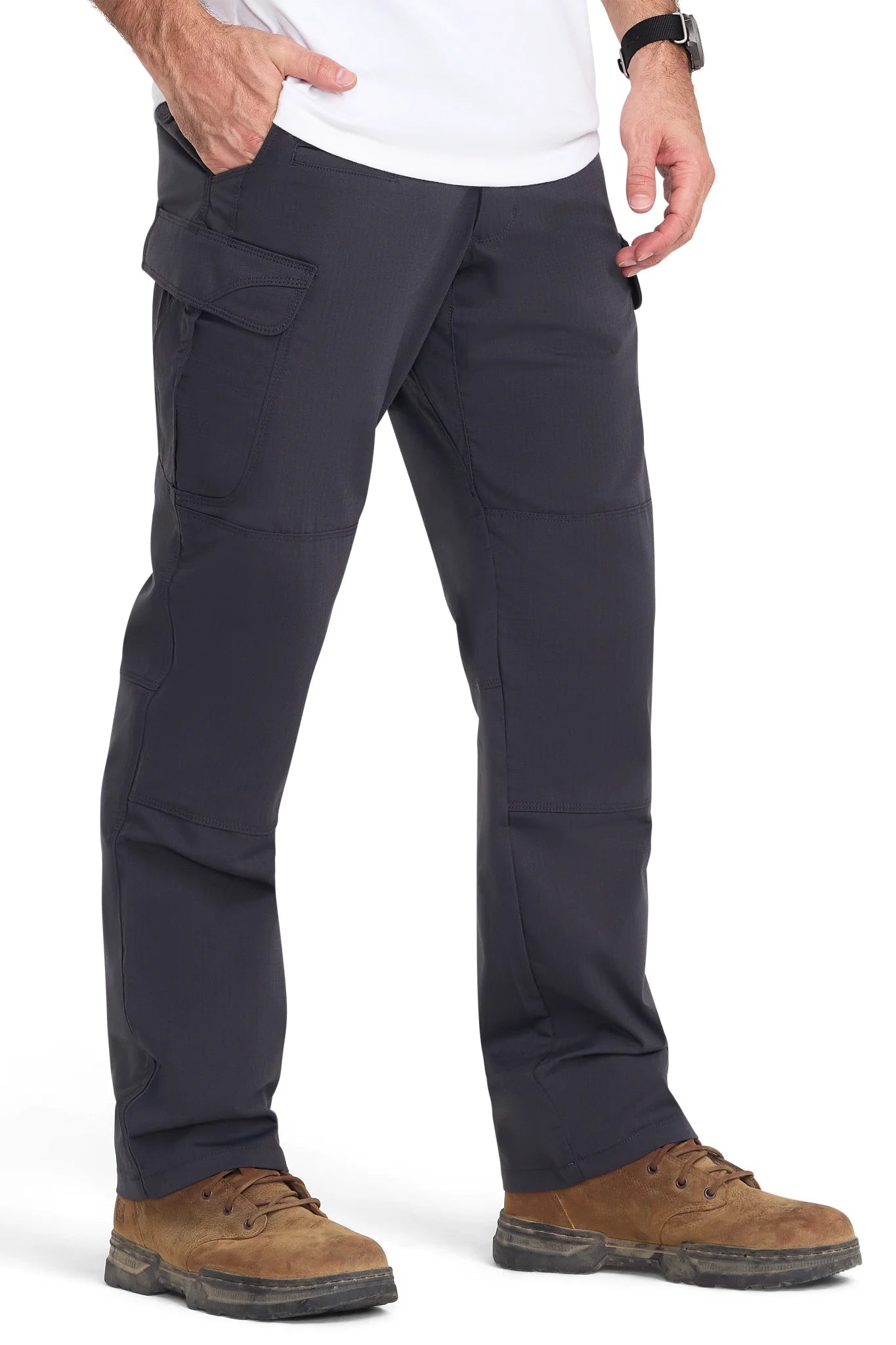 5.11 Tactical Stryke men's charcoal cargo pant showing articulated knees and side pockets