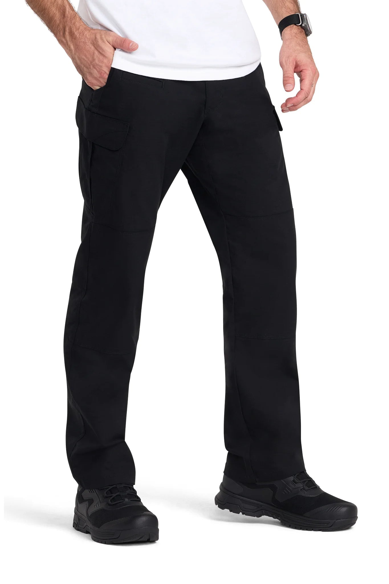 5.11 Tactical Stryke men's black cargo pant showing the 12-pocket Flex-Tac design