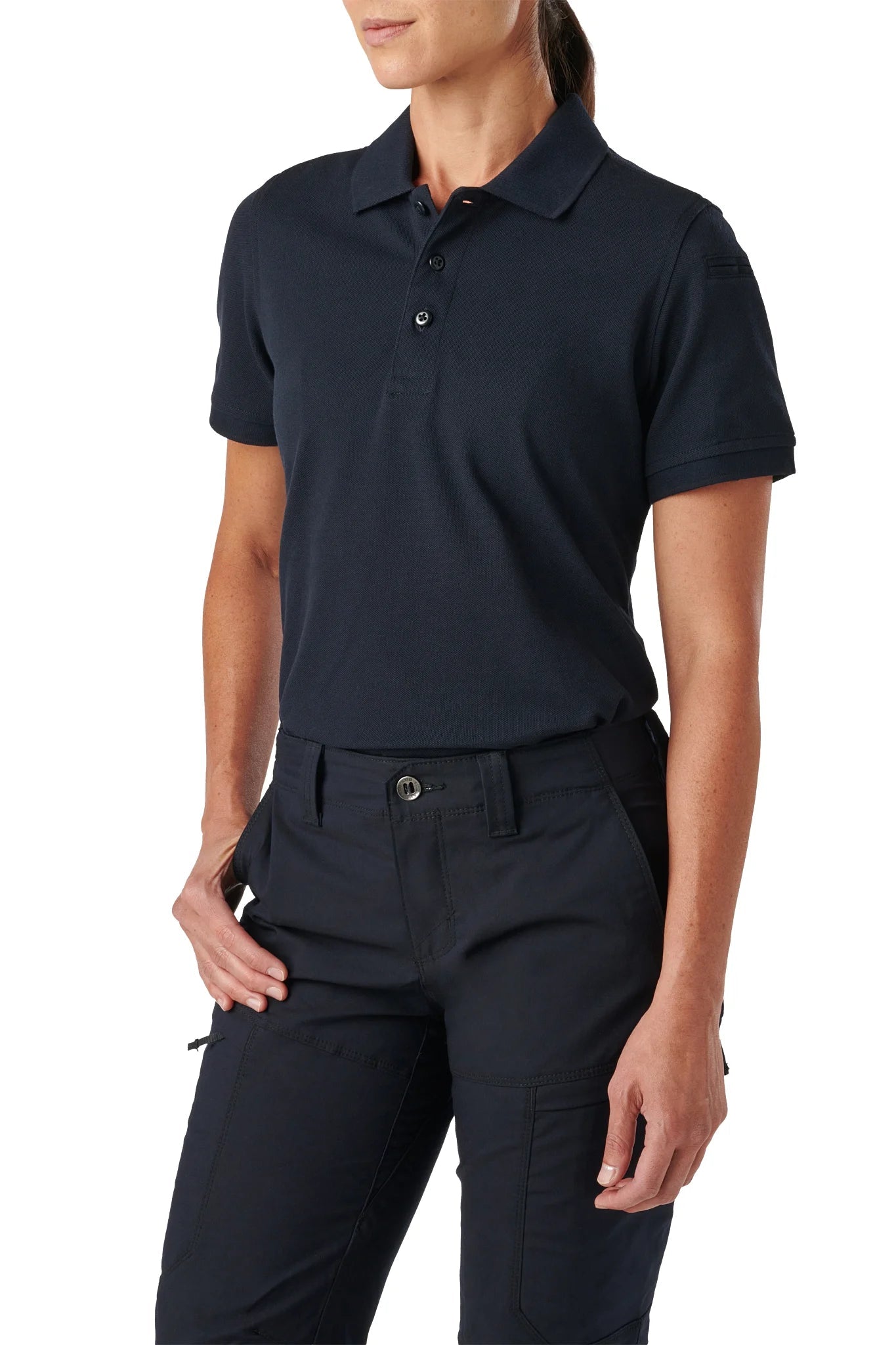 Side view of the 5.11 Women's Professional Polo in Dark Navy showing the sleeve pen pocket