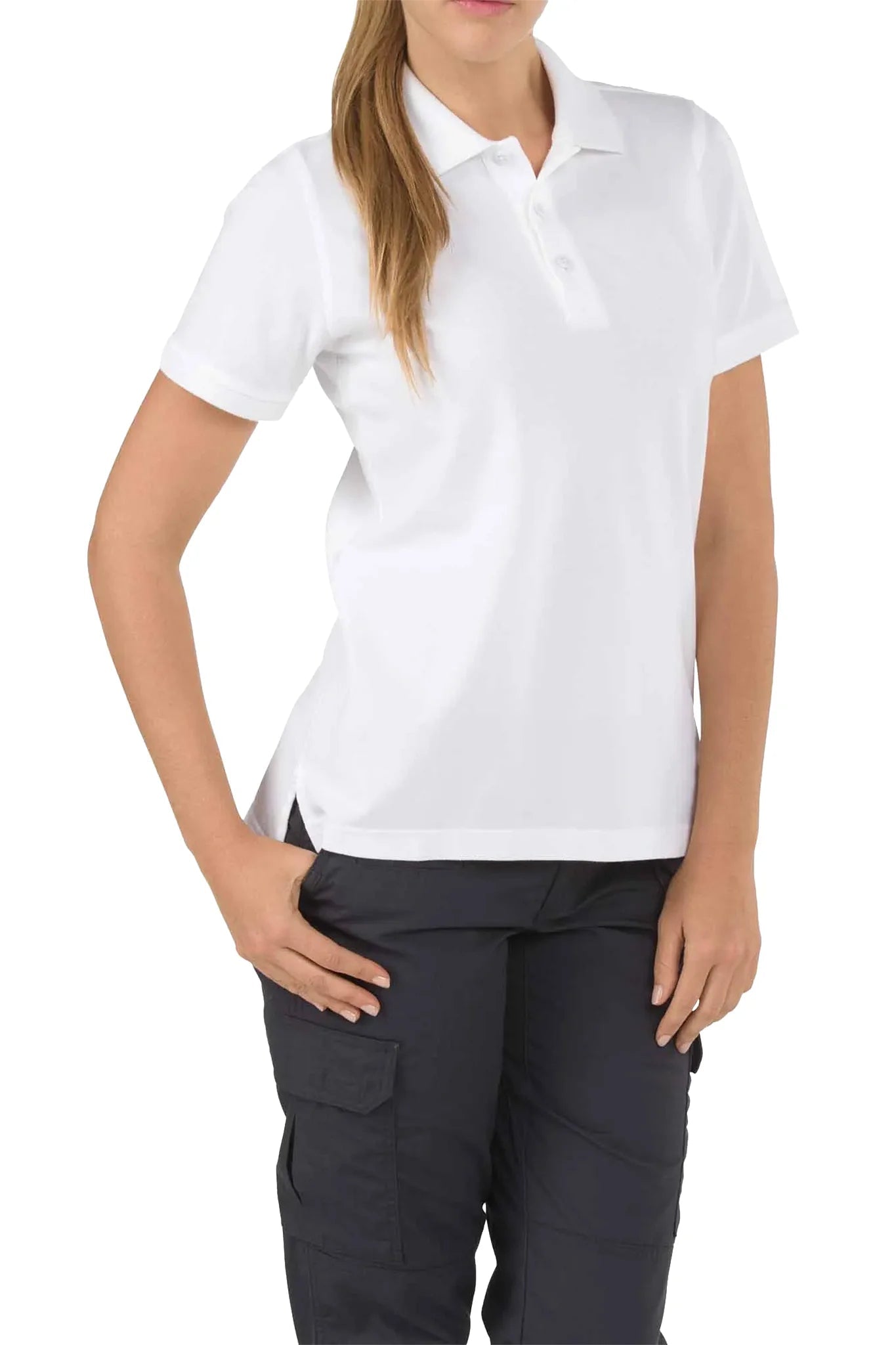 Woman wearing the 5.11 Women's Professional Polo in White with dark uniform pants