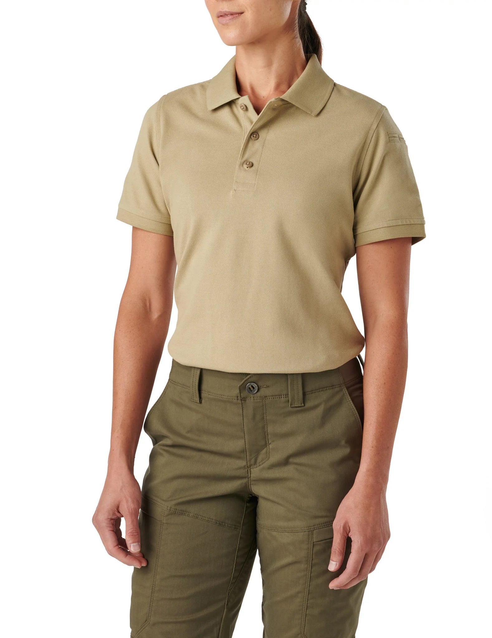 Woman wearing the 5.11 Women's Professional Pique Polo in Silver Tan, front view
