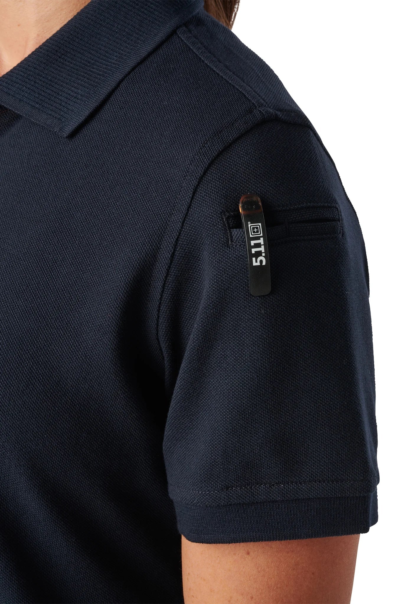 Sleeve pen pocket detail on the 5.11 Women's Professional Polo in Dark Navy