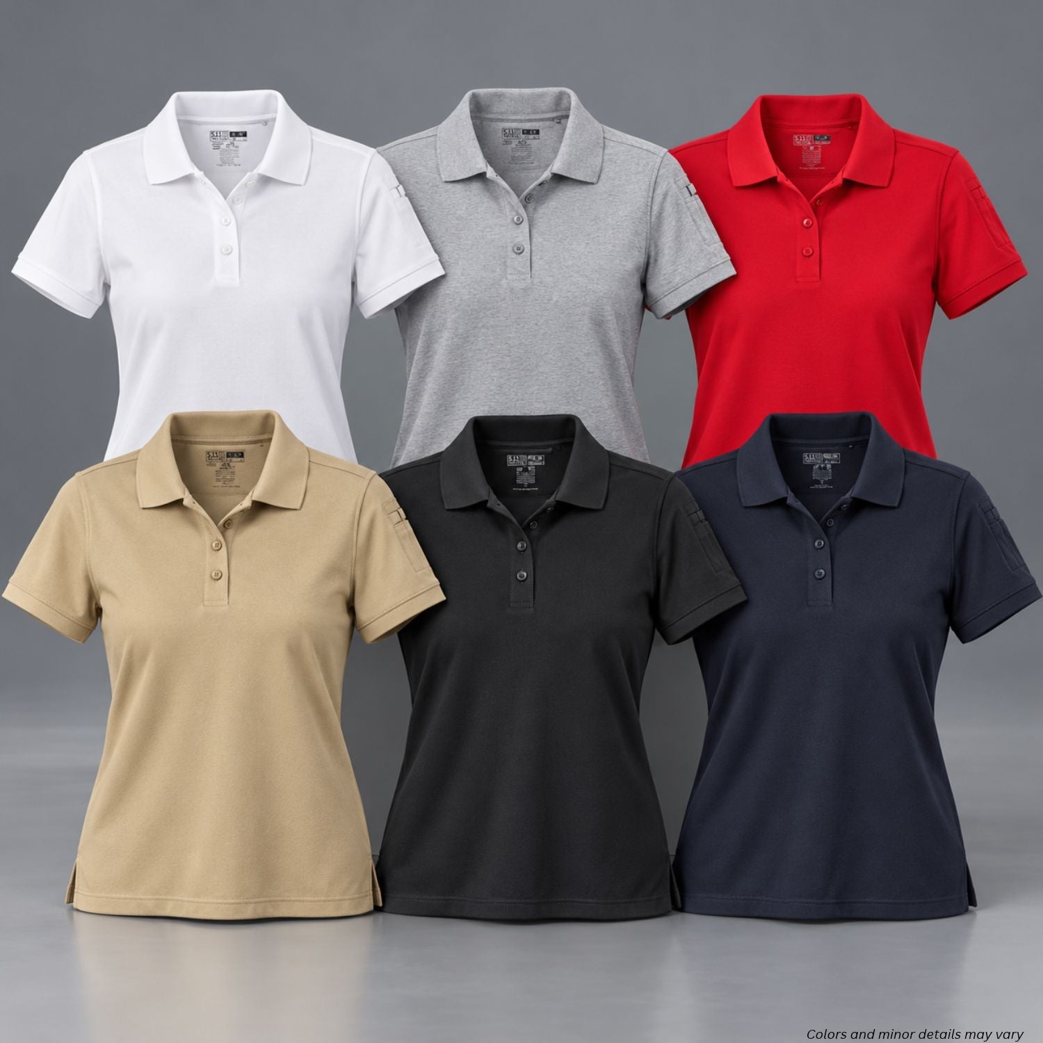 5.11 Tactical Women's Professional Short Sleeve Polo 61166 in Black, Dark Navy, Silver Tan, White, Red, and Heather Gray