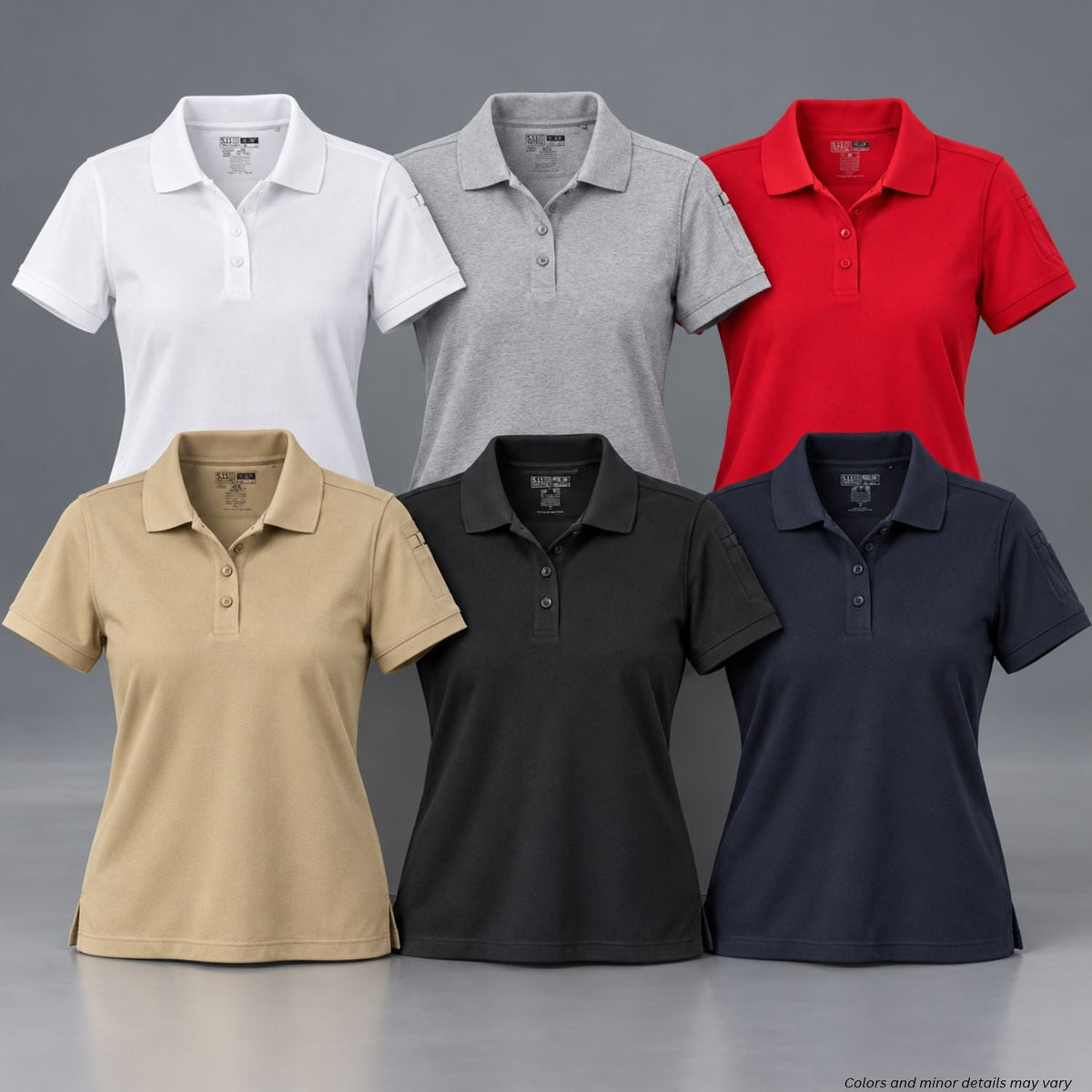 5.11 Tactical Women's Professional Short Sleeve Polo 61166 in Black, Dark Navy, Silver Tan, White, Red, and Heather Gray
