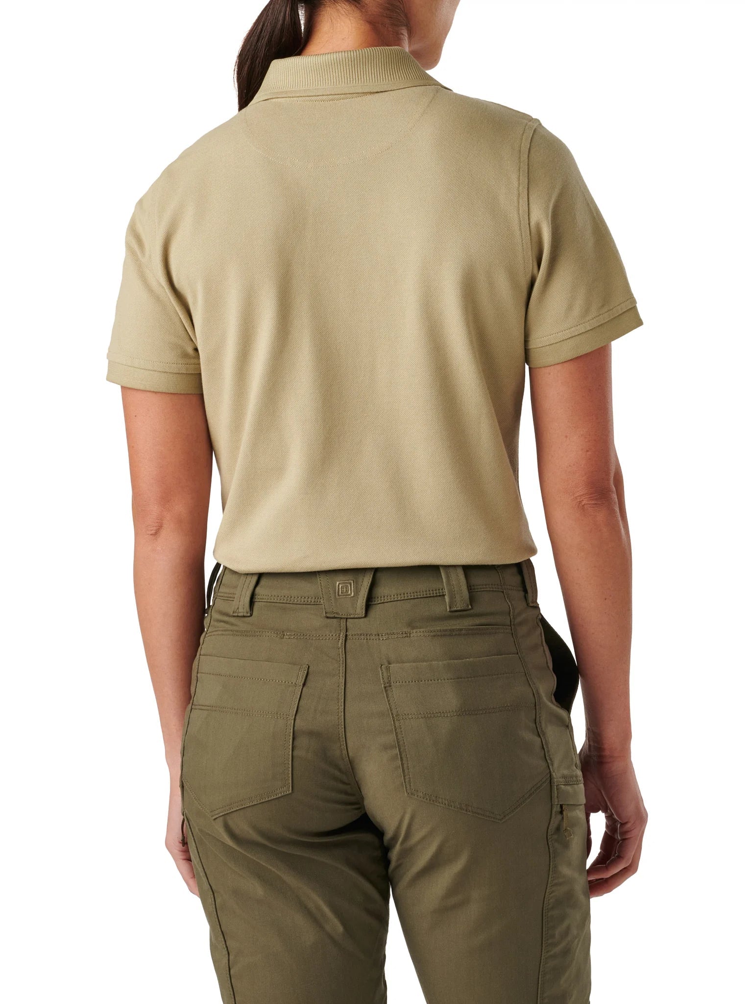 Back view of the 5.11 Women's Professional Polo in Silver Tan with no-roll collar