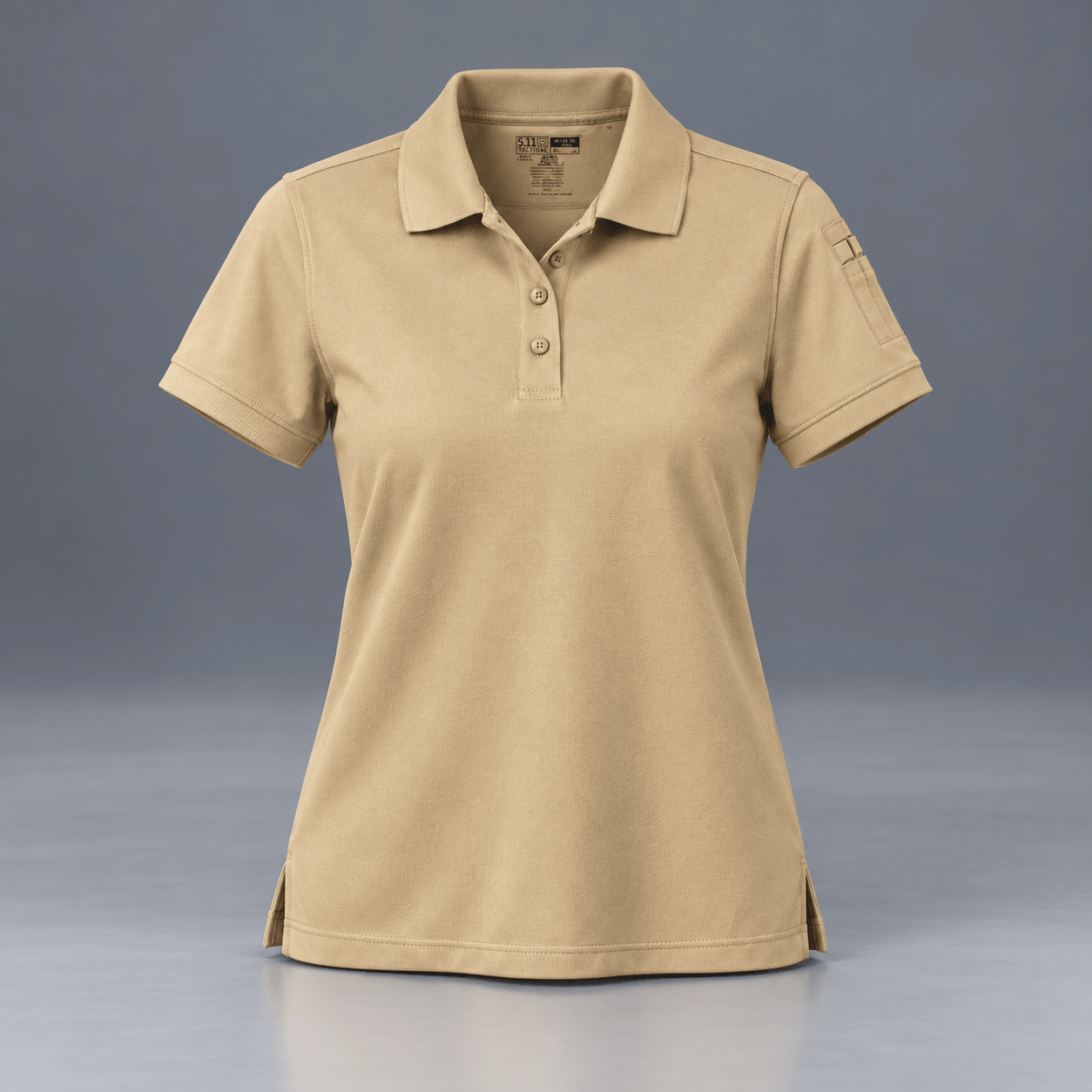 5.11 Women's Professional Pique Polo 61166 in Silver Tan, front view with three-button placket