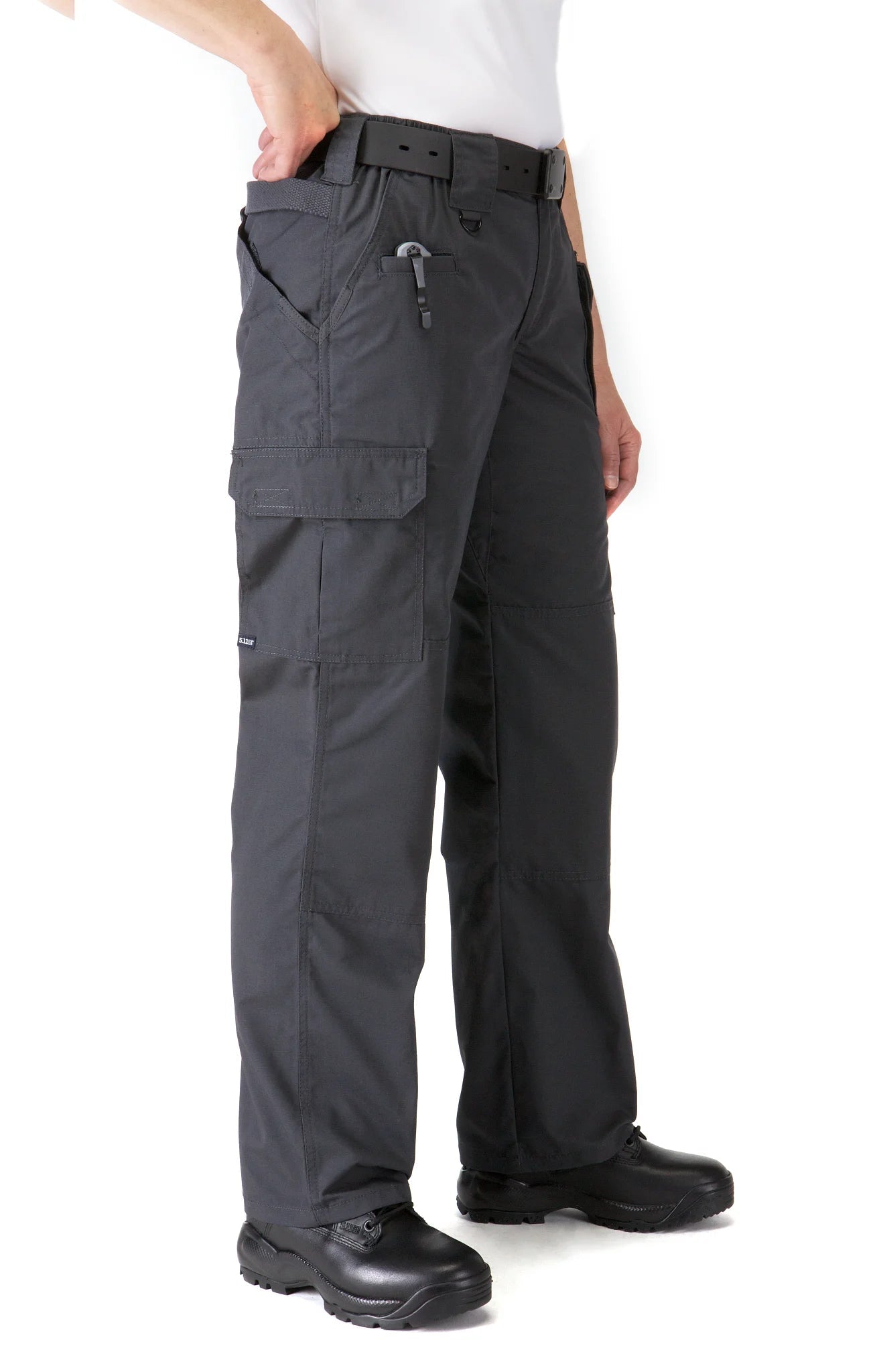 5.11 Tactical Women's TACLITE Pro Pants 64360 in Charcoal, detail showing seven tactical pockets and gusseted construction