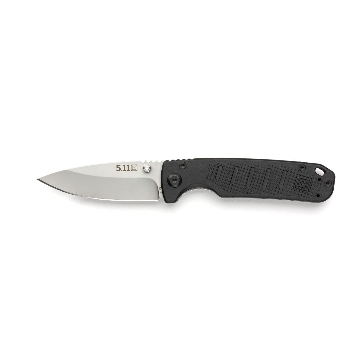 Folding knife with black handle and silver blade on a white background