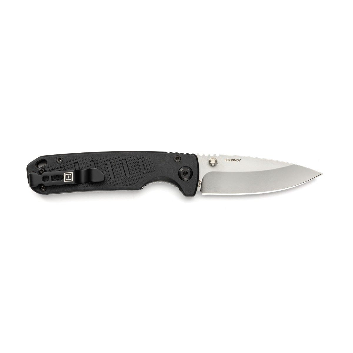 Folding knife with black handle and silver blade on a white background