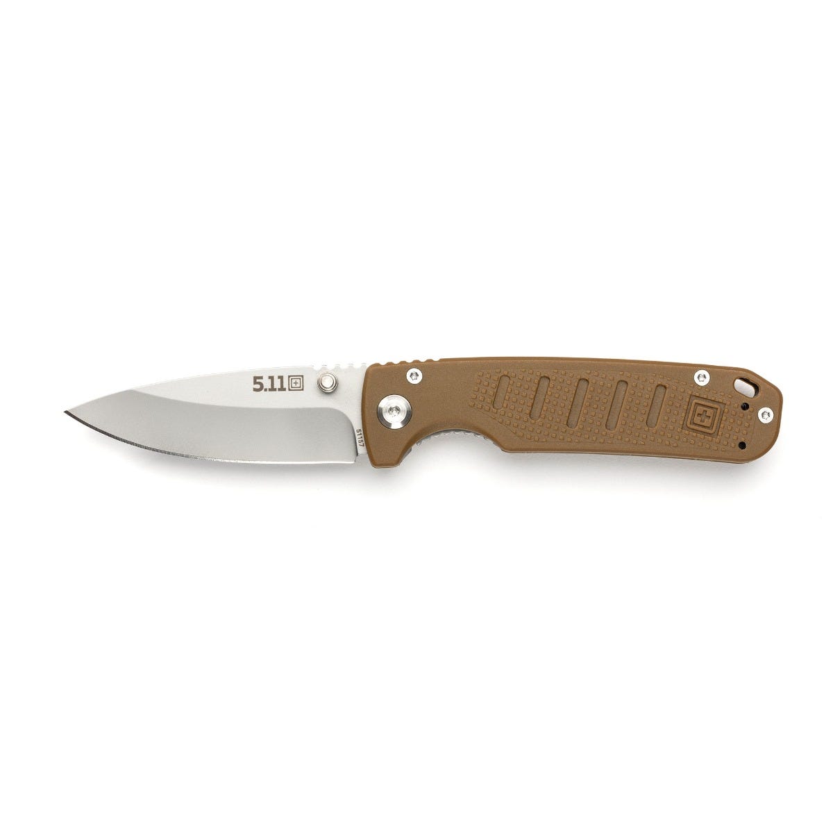 Folding knife with brown handle and visible brand logo on a white background