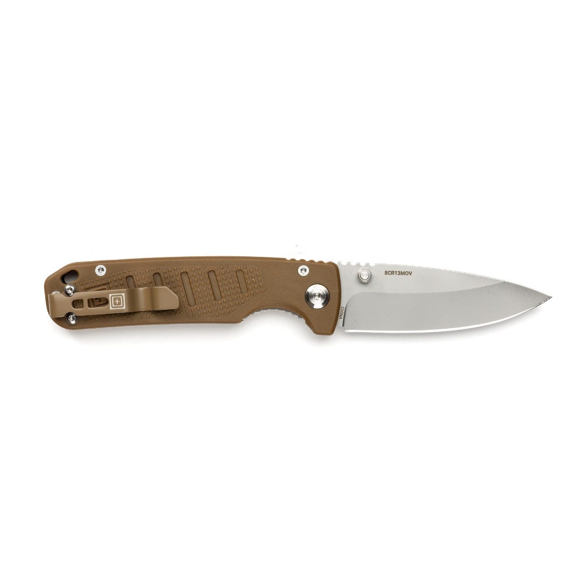 Folding knife with brown handle and silver blade on a white background