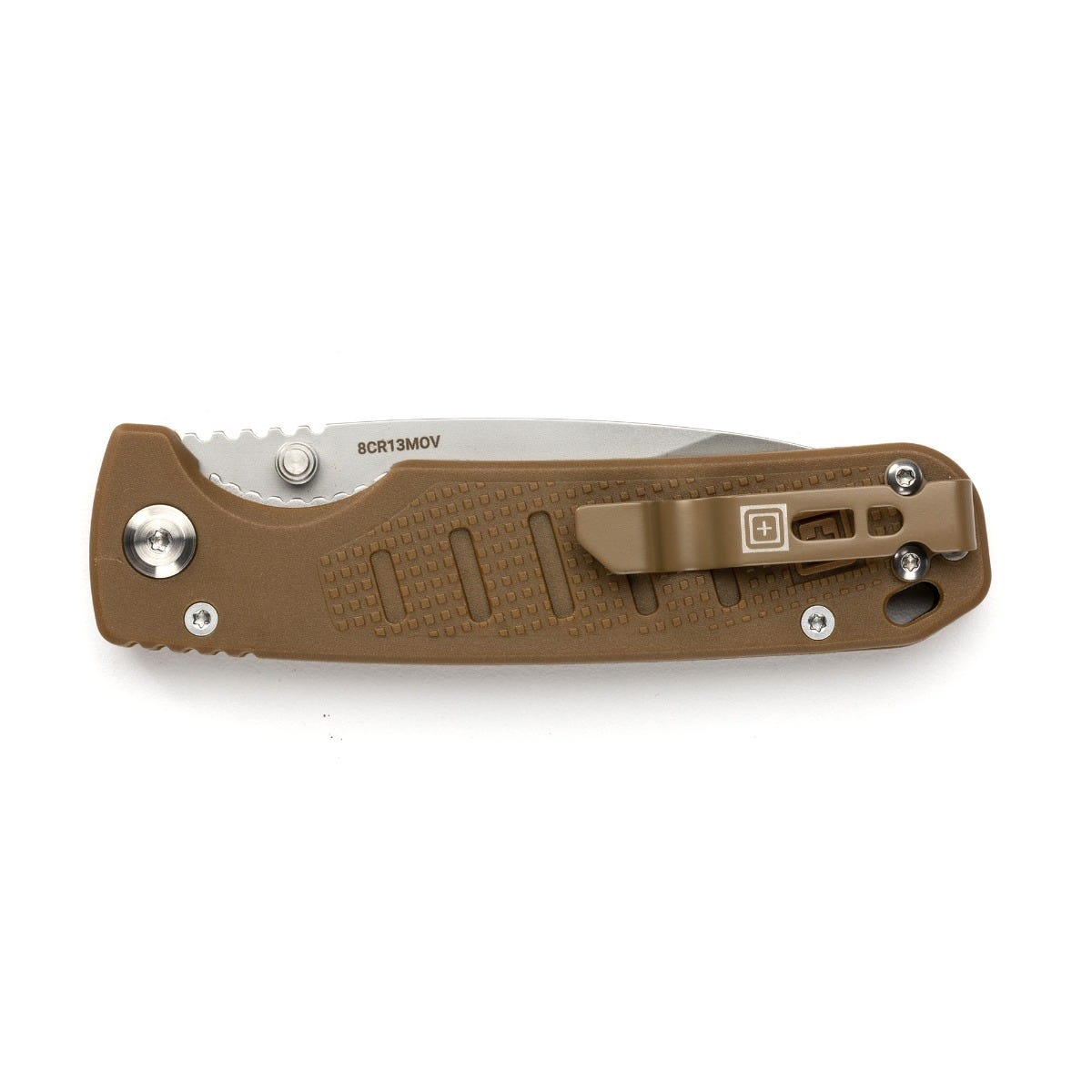 Brown folding knife with visible brand logo on a white background