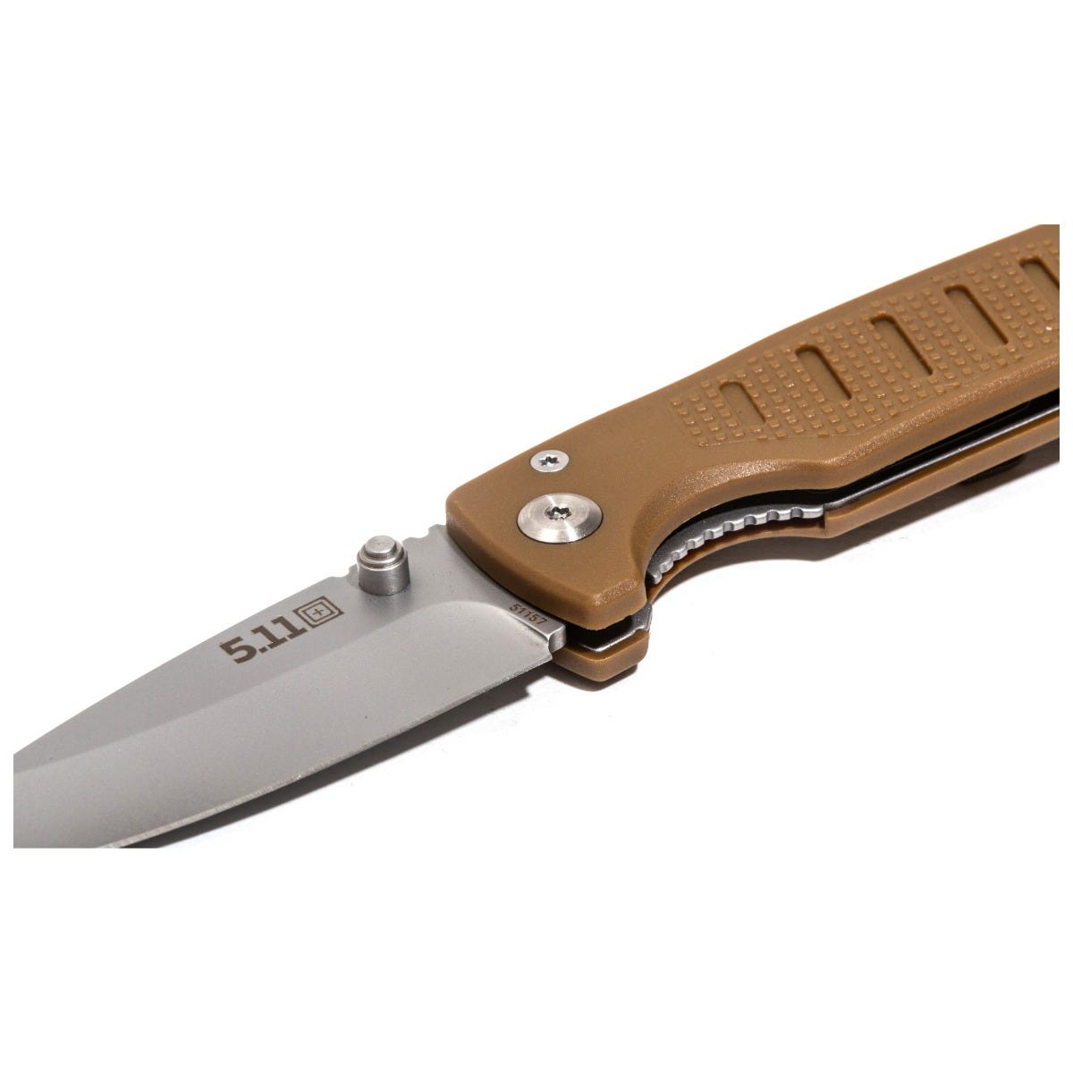 Folding knife with brown handle and silver blade on a white background